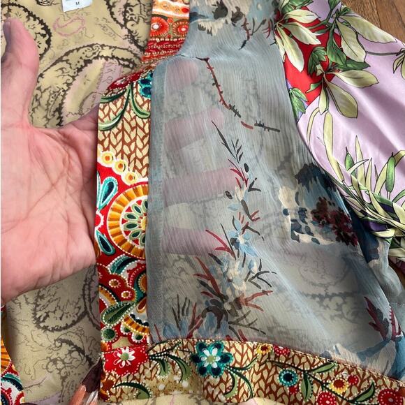 Froxx Overlay Silk Top Size M Bell Sleeve Floral Tie Front Multi Fabric Classy - Picture 4 of 7